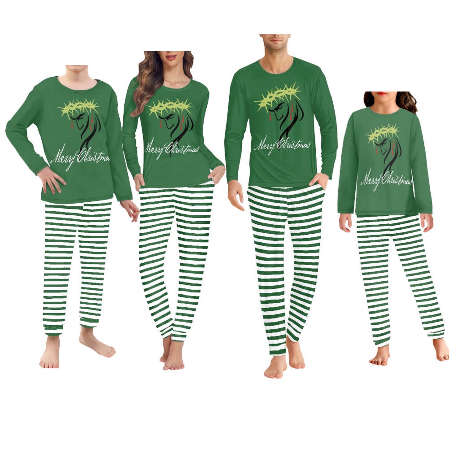 Merry Christmas Jesus Face Pajama Sets  (Green Stripe)