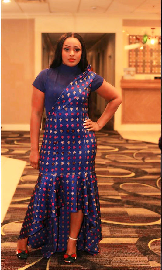 Couture Sheer High Neck Off Shoulder Dress