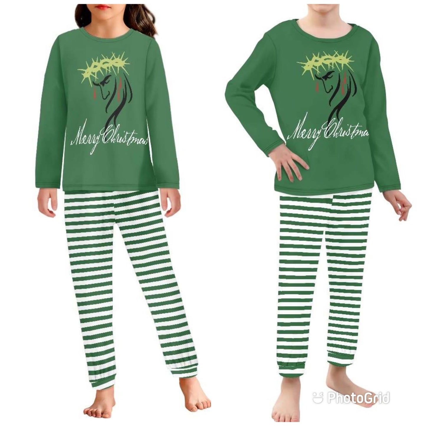 Merry Christmas Jesus Face Pajama Sets  (Green Stripe)